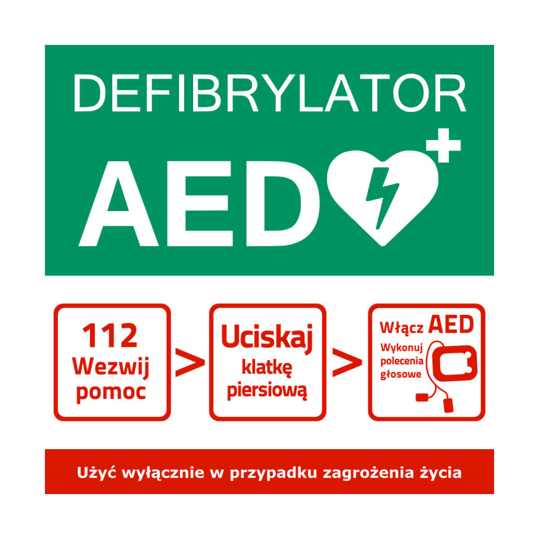 Tablica informacyjna AED schemat postępowania 30 x 30 cm